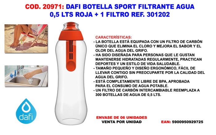 DAFI Botella Filtrante de Agua 0.5 Roja con 1 Filtro Extra DAFI Botella Filtrante de Agua 0.5 Roja con 1 Filtro Extra