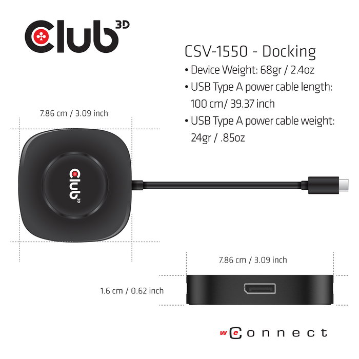 Club 3D CSV-1550 MST Hub USB-C a 3x DisplayPort 1.4, Resolución 8K 7680x4320 60Hz, Plug & Play HDR, Negro, Cable 13 cm