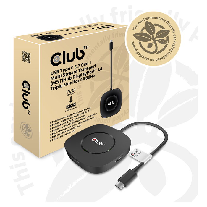 Club 3D CSV-1550 MST Hub USB-C a 3x DisplayPort 1.4, Resolución 8K 7680x4320 60Hz, Plug & Play HDR, Negro, Cable 13 cm