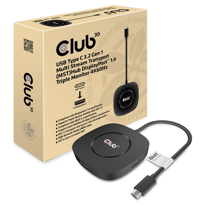 Club 3D CSV-1550 MST Hub USB-C a 3x DisplayPort 1.4, Resolución 8K 7680x4320 60Hz, Plug & Play HDR, Negro, Cable 13 cm