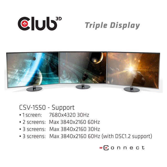 Club 3D CSV-1550 MST Hub USB-C a 3x DisplayPort 1.4, Resolución 8K 7680x4320 60Hz, Plug & Play HDR, Negro, Cable 13 cm