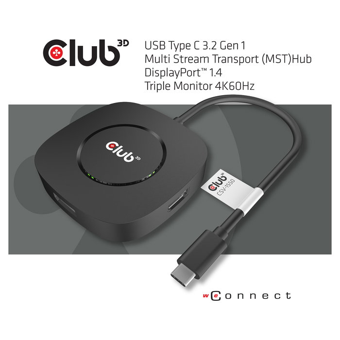 Club 3D CSV-1550 MST Hub USB-C a 3x DisplayPort 1.4, Resolución 8K 7680x4320 60Hz, Plug & Play HDR, Negro, Cable 13 cm
