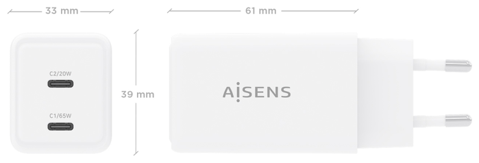Aisens Cargador GaN 65W con 2x USB-C Blanco