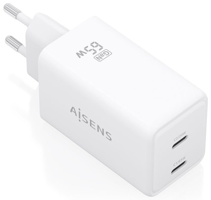 Aisens Cargador GaN 65W con 2x USB-C Blanco