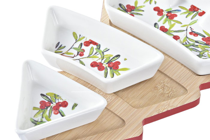 DKD Home Decor Set de Aperitivo 4 Piezas de Gres y Bambú Árbol Rojo DKD Home Decor Set de Aperitivo 4 Piezas de Gres y Bambú Árbol Rojo