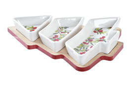 DKD Home Decor Set de Aperitivo 4 Piezas de Gres y Bambú Árbol Rojo