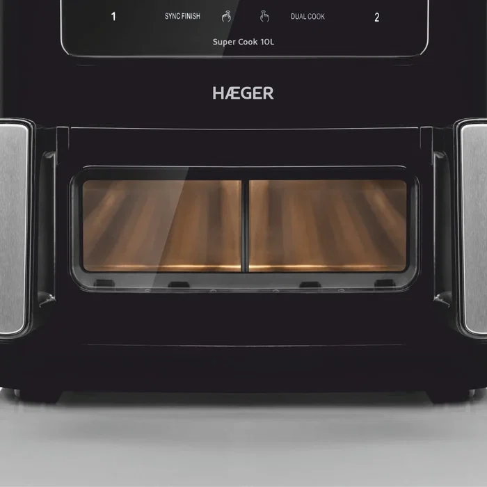 Haeger AF-D10.010A Freidora de Aire Doble e Independiente 10L, 2600W, 10 Programas, Pantalla Táctil LED, Función Freír y Hornear, Temporizador 60min, Cestas Extraíbles, Negro