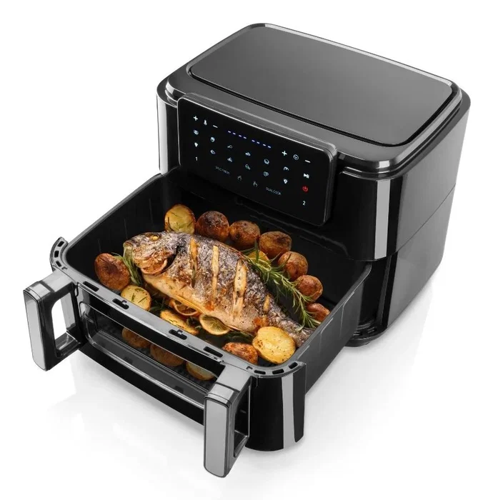 Haeger AF-D10.010A Freidora de Aire Doble e Independiente 10L, 2600W, 10 Programas, Pantalla Táctil LED, Función Freír y Hornear, Temporizador 60min, Cestas Extraíbles, Negro