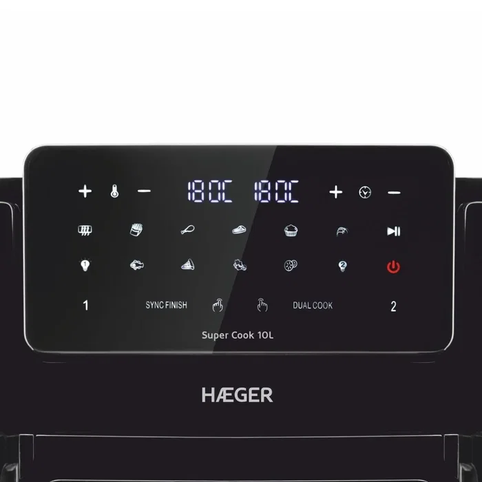 Haeger AF-D10.010A Freidora de Aire Doble e Independiente 10L, 2600W, 10 Programas, Pantalla Táctil LED, Función Freír y Hornear, Temporizador 60min, Cestas Extraíbles, Negro