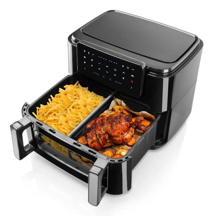 Haeger AF-D10.010A Freidora de Aire Doble e Independiente 10L, 2600W, 10 Programas, Pantalla Táctil LED, Función Freír y Hornear, Temporizador 60min, Cestas Extraíbles, Negro