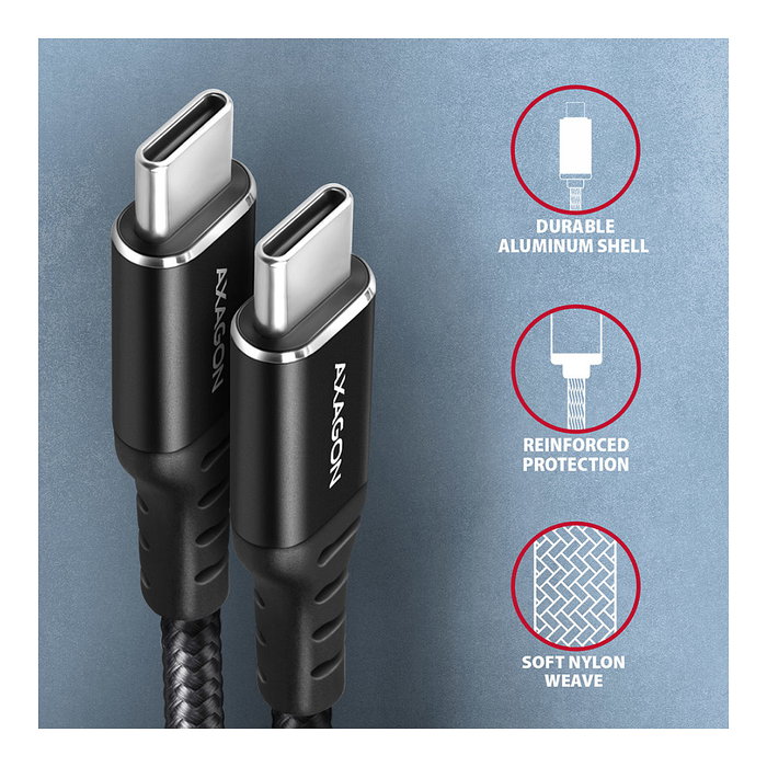 Axagon BUCM-CM30AB Cable USB-C a USB-C 2.0 de 3 m, PD 60W, 3A, trenzado - negro Axagon BUCM-CM30AB Cable USB-C a USB-C 2.0 de 3 m, PD 60W, 3A, trenzado - negro