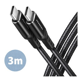 Axagon BUCM-CM30AB Cable USB-C a USB-C 2.0 de 3 m, PD 60W, 3A, trenzado - negro