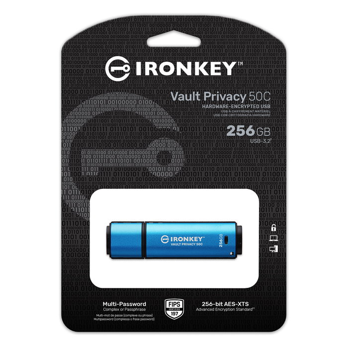 Kingston IronKey Vault Privacy 50C 256GB USB-C 3.2 Gen 1 Llavero Seguro AES-256 FIPS 197 Resistente al Agua IPX8 Negro y Azul