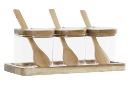 DKD Home Decor Set de 3 Azucareros de Borosilicato y Bambú de 150 ml