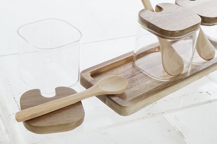 DKD Home Decor Set de 3 Azucareros de Borosilicato y Bambú de 150 ml
