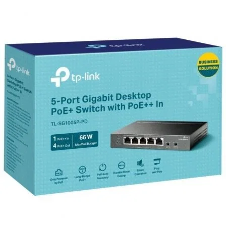 TP-Link TL-SG1005P-PD - Switch PoE No Administrado, 5 Puertos Gigabit (1x PoE++ In, 4x PoE+ Out), Alimentado Solo por PoE, Sin Ventilador