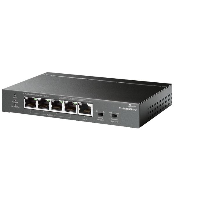 TP-Link TL-SG1005P-PD Switch Gigabit 5 Puertos con 1 Puerto PoE++ de Entrada y 4 Puertos PoE+ de Salida, Negro TP-Link TL-SG1005P-PD Switch Gigabit 5 Puertos con 1 Puerto PoE++ de Entrada y 4 Puertos PoE+ de Salida, Negro