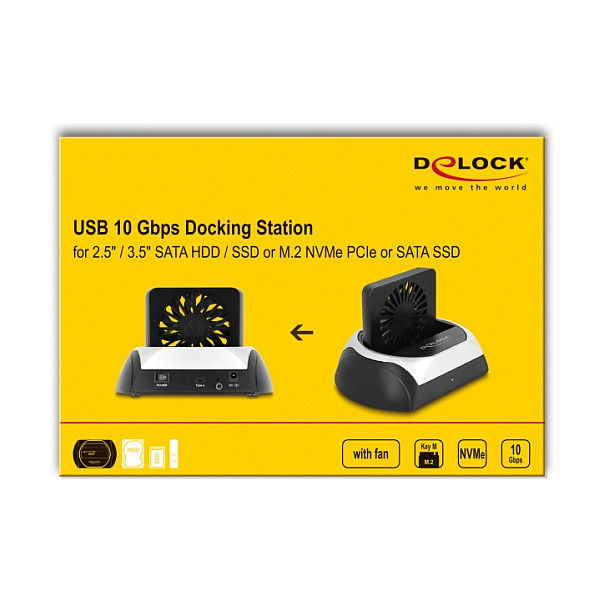 DeLOCK Docking Station USB 10 Gbps para 2.5 / 3.5 SATA HDD/SSD y M.2 NVMe PCIe/SATA SSD con Ventilador - Estación de Acoplamiento Externa