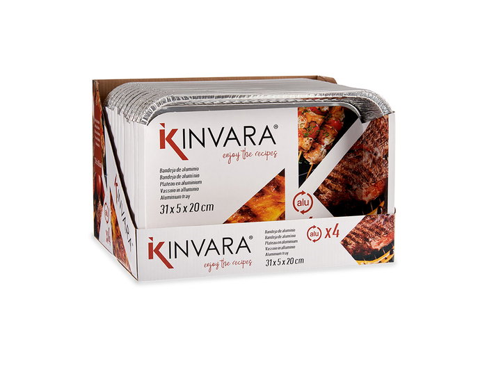 Kinvara Set de 4 Bandejas Rectangulares de Aluminio Apto para Horno, Mediano 31.5x20.5x6.5 cm (Capacidad 2000 ml) Color Plata (Set de 24)