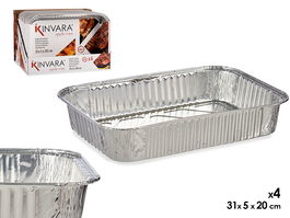 Kinvara Set de 4 Bandejas Rectangulares de Aluminio Apto para Horno, Mediano 31.5x20.5x6.5 cm (Capacidad 2000 ml) Color Plata (Set de 24)