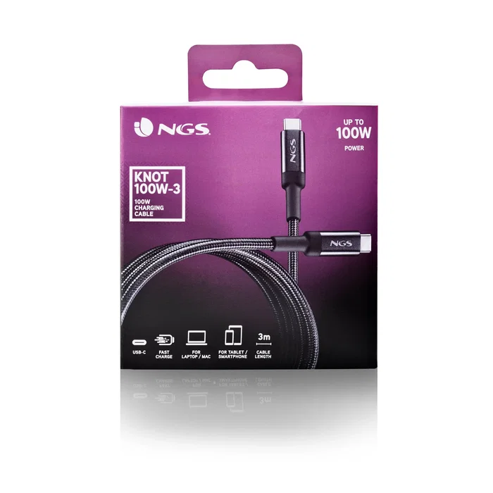 Ngs Cable KNOT 100W-3 USB-C a USB-C 100W Carga Rápida USB 2.0 480 Mbps 3m Negro