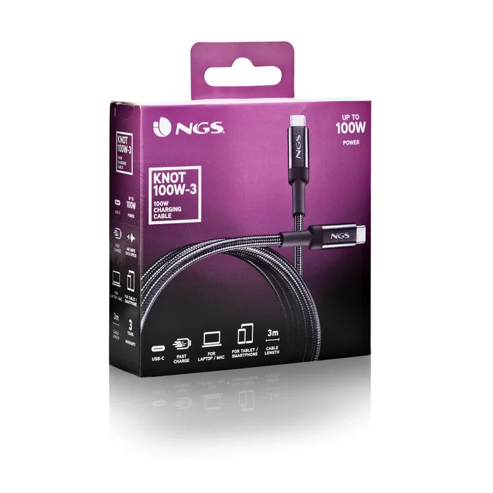 Ngs Cable KNOT 100W-3 USB-C a USB-C 100W Carga Rápida USB 2.0 480 Mbps 3m Negro