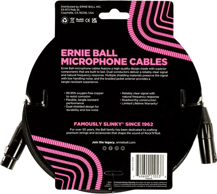 Ernieball Cable Micrófono Trenzado XLR-XLR 6m Negro