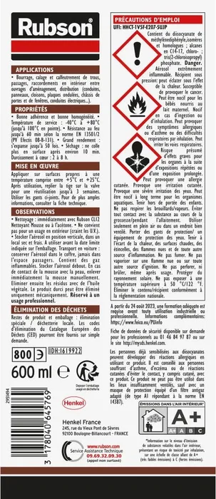 Rubson Espuma Expansiva Ignífuga en Aerosol CF 90 - 600 ml - Protección contra Incendios y Aislamiento Multiusos