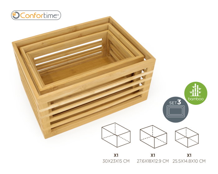 Confortime Set de 3 Cajas de Organización en Bambú, 25.5x14.8x10 cm y 27.6x cm (4 Unidades)