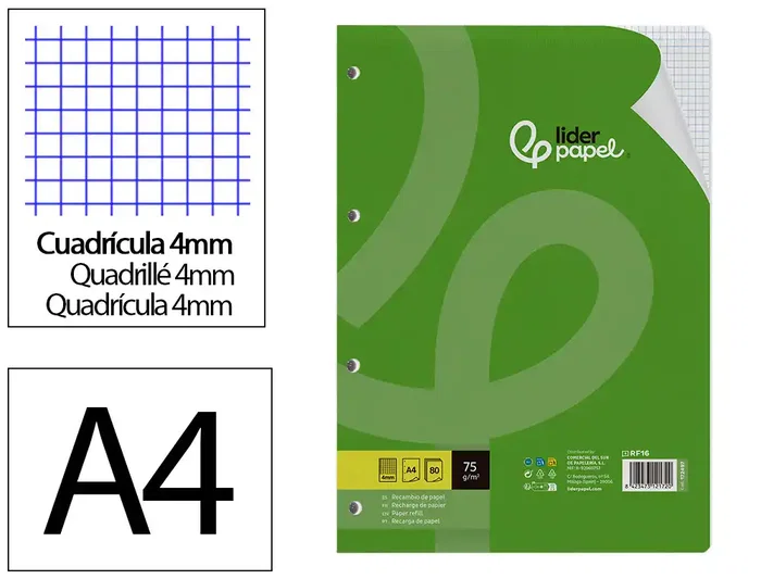 Liderpapel Recambio A4 80 Hojas 75gr Cuadro 4 mm con Margen 4 Taladros Liderpapel Recambio A4 80 Hojas 75gr Cuadro 4 mm con Margen 4 Taladros
