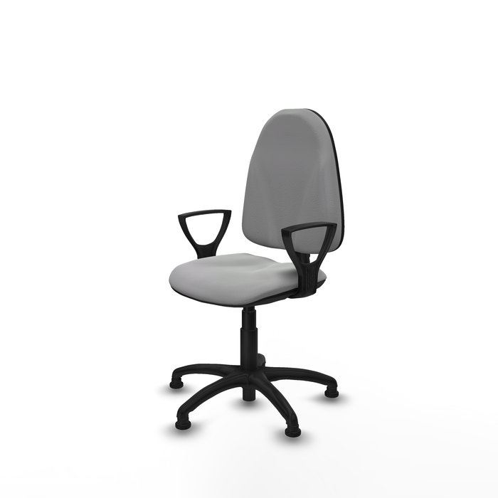 Silla de oficina Algarra con mecanismo Contacto permanente básico tapizada con Similpiel color Gris claro. Equipada con Base poliamida negra, Brazos fijosy Topes