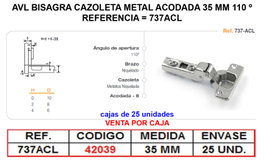 Bisagra de cazoleta metálica acodada 35 mm a 110º clip on 737ACL