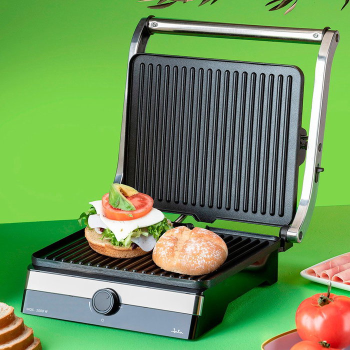 Jata Hogar Grill de Asar Doble 2000W con Apertura 180° y Placas 29x23.6cm Antiadherentes Libre PFOA