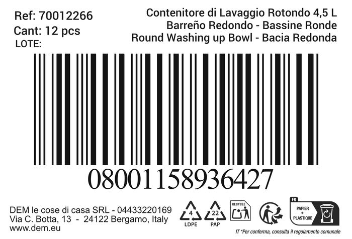 Inde Barreño Redondo Lior de 4.5 Litros (28.3 cm de diámetro x 12.3 cm de alto) (12 Unidades)