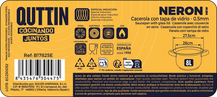 Inde Cacerola 26 cm (8L) Acero Inoxidable con Tapa "New Neron" Qt 37x27.5x15cm (4 Unidades)