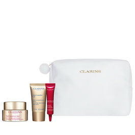 Set Clarins: Nutri-Lumiere, Anti-Ageing, Day, Cream, For Face, 50 ml + Nutri-Lumiere, Anti-Ageing, Night, Cream, For Face, 15 ml + Total Eye, Lift, Eye Serum, 7 ml + Clarins, Zippered, GWP Textile Pouch, White