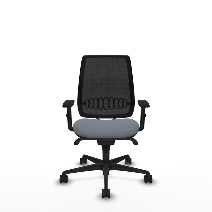 Silla de oficina Alares con mecanismo Sincro tapizada con Tela color Gris y malla color Negro. Equipada con lumbar 1D, Brazos 1D y Ruedas 65mm nailon