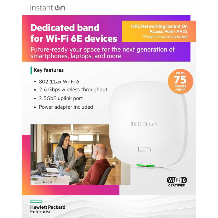 HPE Networking Instant On AP32 con fuente de alimentación Dual Radio Tri-Band Wi-Fi 6E HPE Networking Instant On AP32 con fuente de alimentación Dual Radio Tri-Band Wi-Fi 6E