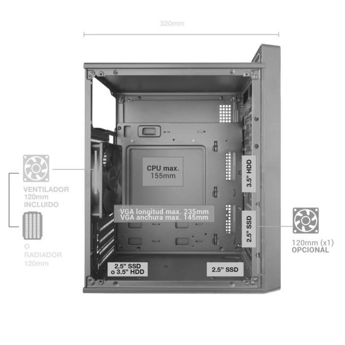 Tacens 2FORTISII Caja Ordenador MicroATX Mini Torre Gris, Frontal Malla Completa, Asa Transporte, GPU 235mm, Ventilador 120mm FDB, USB 3.0, 4 Ranuras, para Placas MicroATX/Mini-ITX