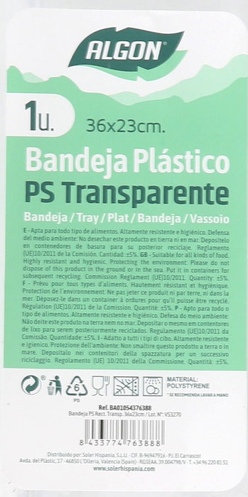 Algon Bandeja de PS (Poliestireno) Rectangular Transparente para Hostelería, 36 x 23 cm (18 Unidades)