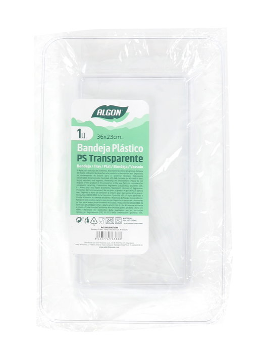 Algon Bandeja de PS (Poliestireno) Rectangular Transparente para Hostelería, 36 x 23 cm (18 Unidades)