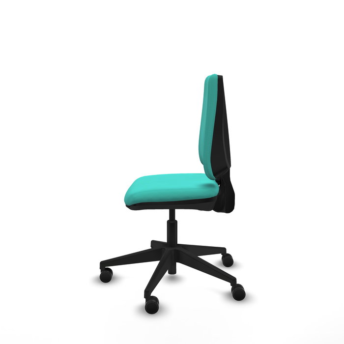 Silla de oficina Elche con mecanismo Contacto permanente básico tapizada con Similpiel color Turquesa. Equipada con Base piramidal negra, Sin brazos y Ruedas 65mm nailon Silla de oficina Elche con mecanismo Contacto permanente básico tapizada con Similpiel color Turquesa. Equipada con Base piramidal negra, Sin brazos y Ruedas 65mm nailon