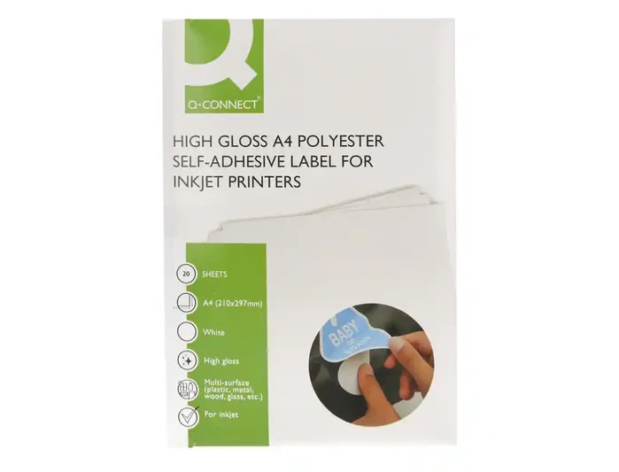 Q-connect Vinilo Adhesivo A4 Blanco Alto Brillo para Impresoras Inkjet - Pack de 20 Hojas - Ideal para Etiquetas y Rótulos