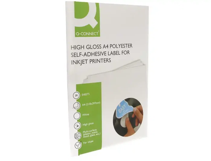 Q-connect Vinilo Adhesivo A4 Blanco Alto Brillo para Impresoras Inkjet - Pack de 20 Hojas - Ideal para Etiquetas y Rótulos