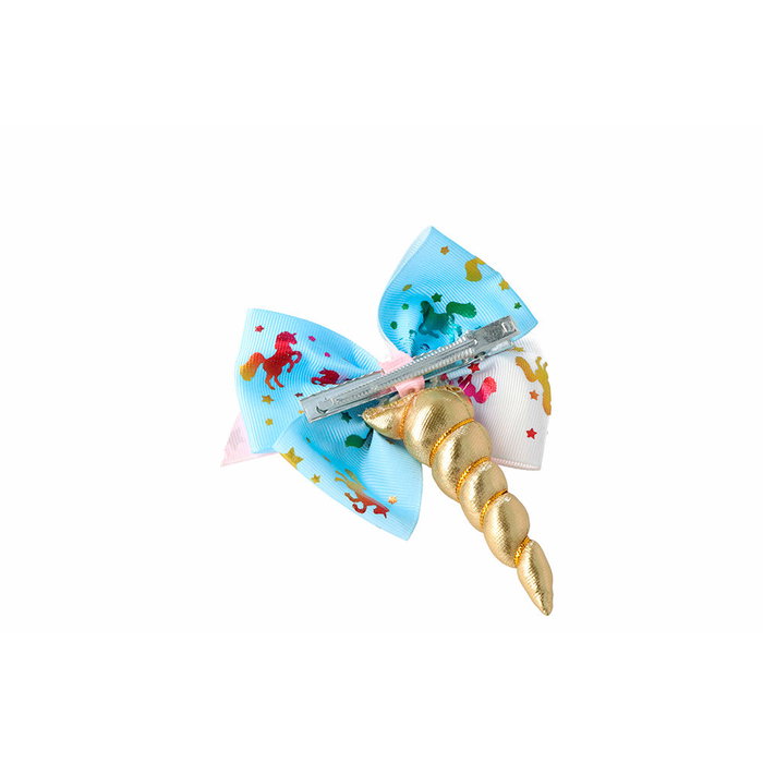 INCA Pinza Cocodrilo para el Cabello Infantil Unicornio con Lazo, Pompón y Cuerno - Colores Oro y Fucsia - 1 Unidad