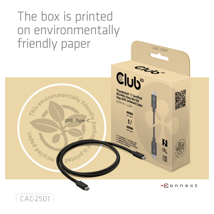 Club 3D CAC-2501 Cable Thunderbolt 5 Certificado 8K 240Hz / 80-120 Gbps 1m Negro Club 3D CAC-2501 Cable Thunderbolt 5 Certificado 8K 240Hz / 80-120 Gbps 1m Negro