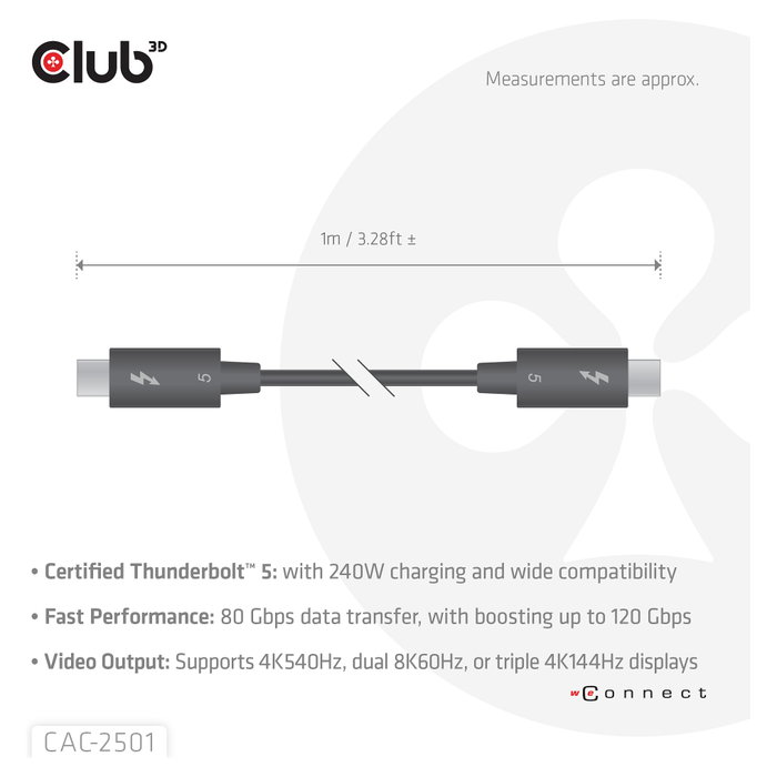 Club 3D CAC-2501 Cable Thunderbolt 5 Certificado 8K 240Hz / 80-120 Gbps 1m Negro Club 3D CAC-2501 Cable Thunderbolt 5 Certificado 8K 240Hz / 80-120 Gbps 1m Negro