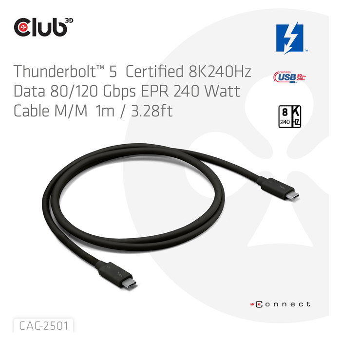Club 3D CAC-2501 Cable Thunderbolt 5 Certificado 8K 240Hz / 80-120 Gbps 1m Negro Club 3D CAC-2501 Cable Thunderbolt 5 Certificado 8K 240Hz / 80-120 Gbps 1m Negro