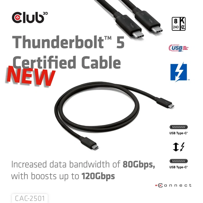 CLUB-3D Cable Thunderbolt 5 Certificado 8K240Hz 120Gbps 1m