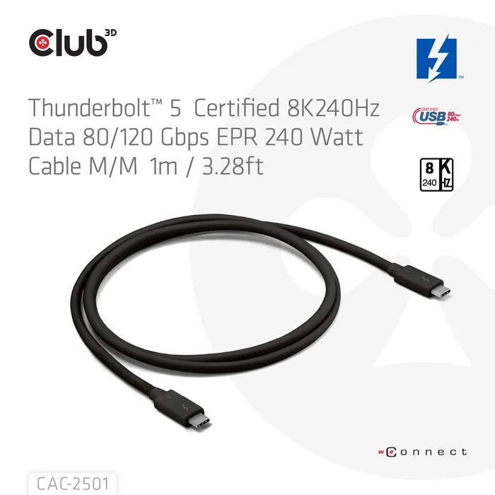 CLUB-3D Cable Thunderbolt 5 Certificado 8K240Hz 120Gbps 1m
